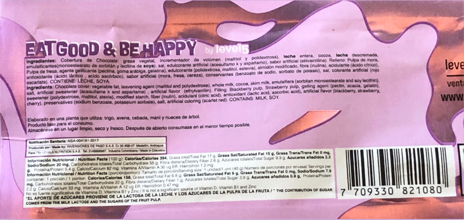 Bitty Barras de Chocolate Fit | Tabla Nutricional | Alimentos Sostenibles