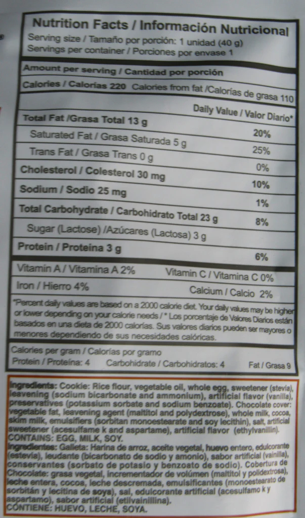 Bitty Cookieland Vainilla | Tabla Nutricional | Alimentos Sostenibles