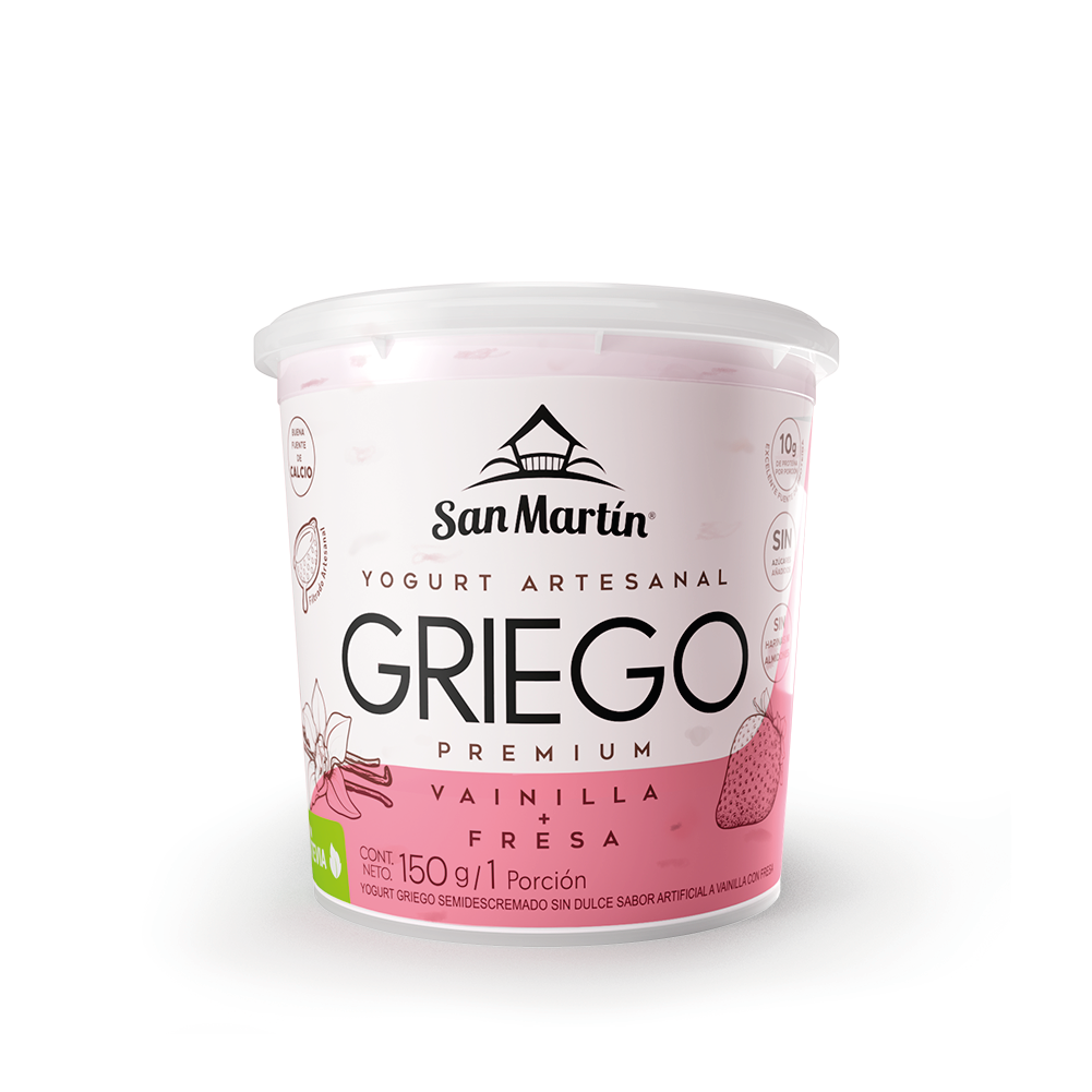 Yogurt Griego vainilla y fresa San Martin. Alimentos Sostenibles