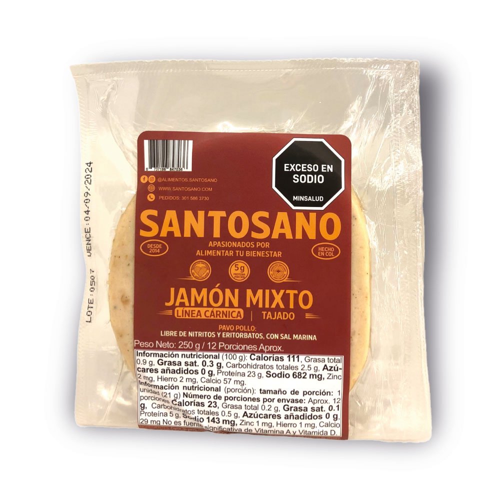 Santosano | Jamón Mixto Pavo–Pollo 250 gr | Alimentos Sostenibles