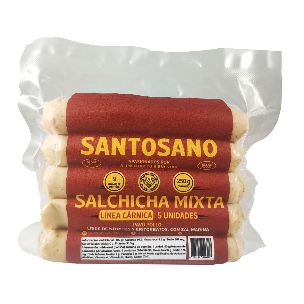 Santosano | Salchicha Mixta Pavo–Pollo 250 gr | Alimentos Sostenibles