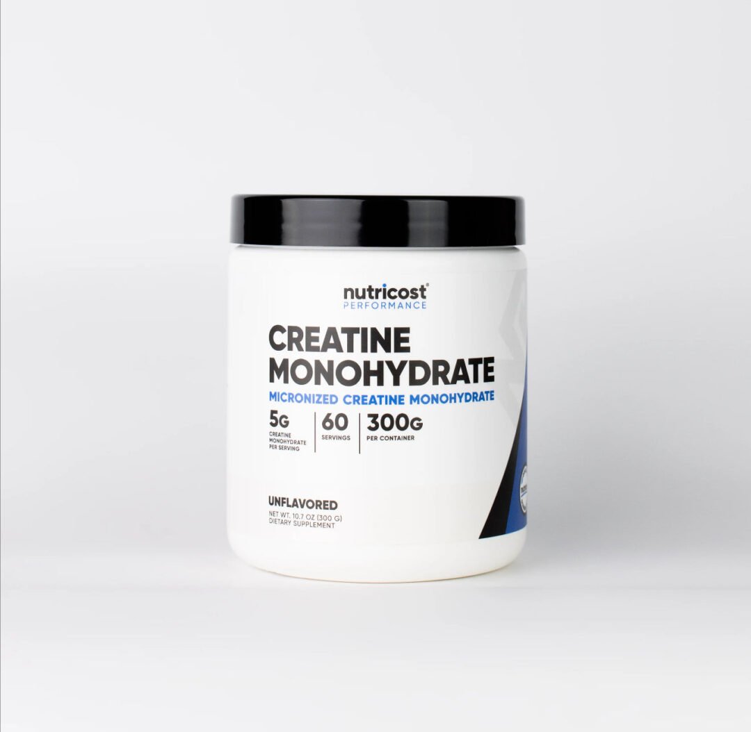 Envase frontal de Creatina Monohidratada Micronizada Nutricost 60 servicios | Alimentos Sostenibles