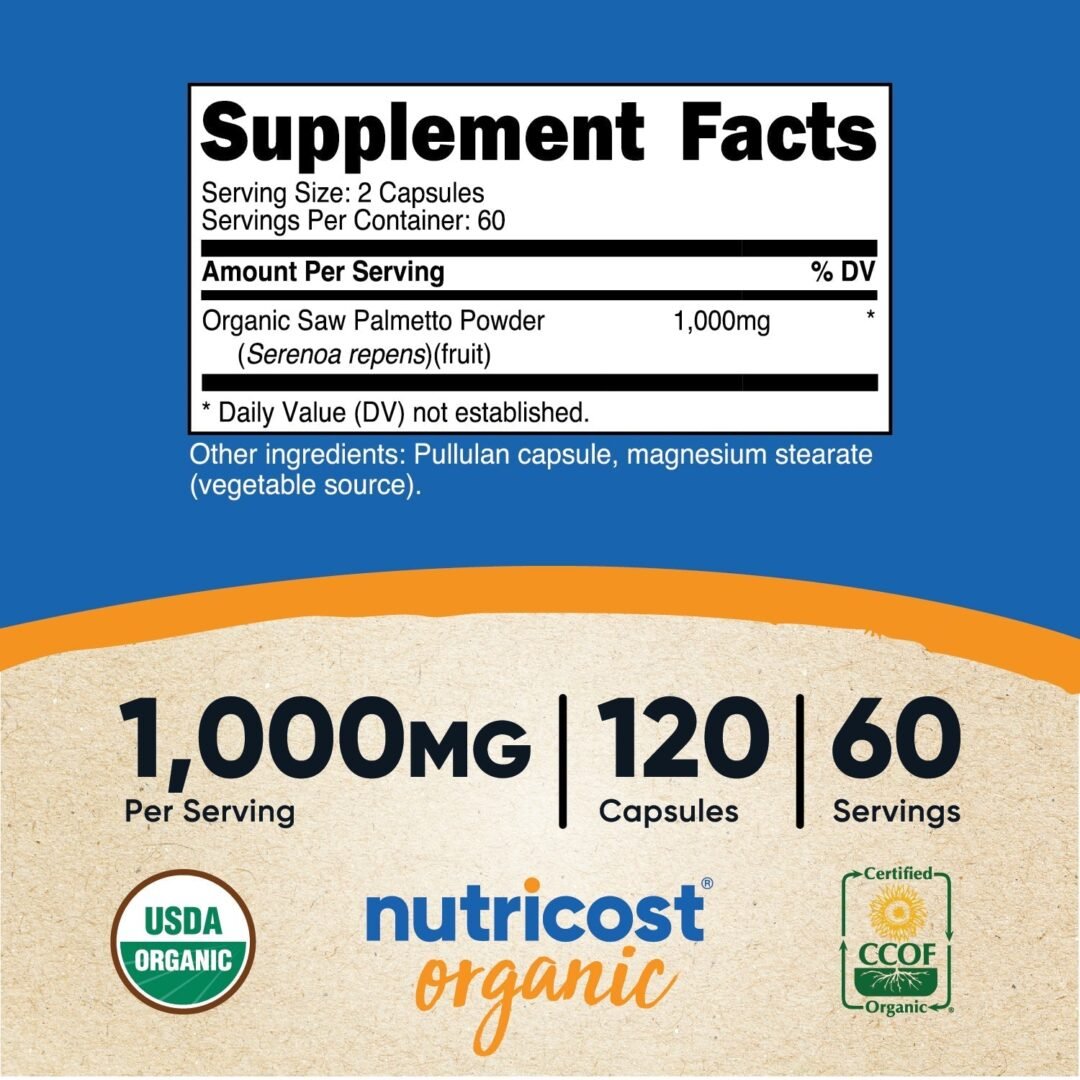 Información sobre los beneficios de Saw Palmetto Nutricost para la salud masculina, renal y capilar | Alimentos Sostenibles