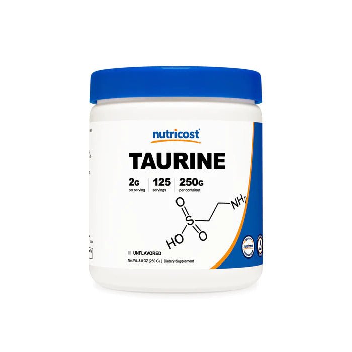 Envase frontal de Taurina Nutricost 2g 125gr en polvo - Para rendimiento deportivo y recuperación | Alimentos Sostenibles