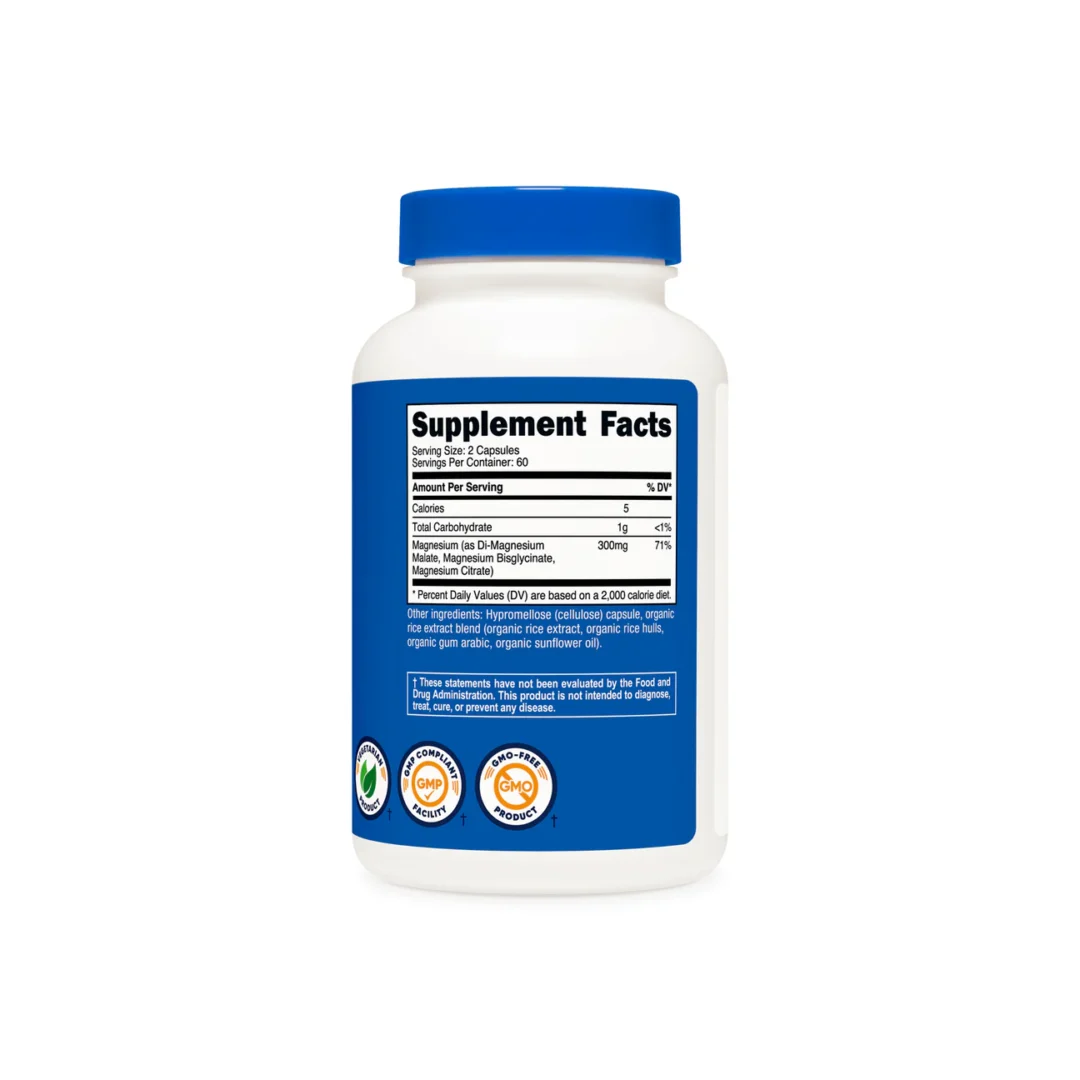Tabla de ingredientes y beneficios de Triple Magnesio Nutricost para relajación, digestión y salud general | Alimentos Sostenibles
