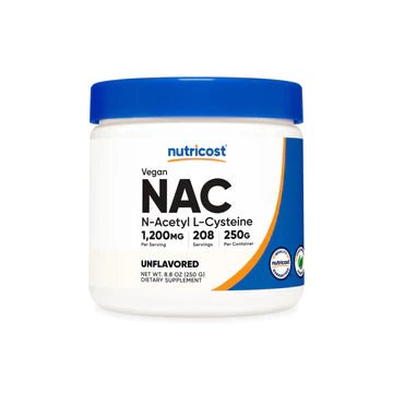 Envase frontal de NAC en Polvo Nutricost 1200mg 208 servicios - Antioxidante y soporte de glutatión | Alimentos Sostenibles