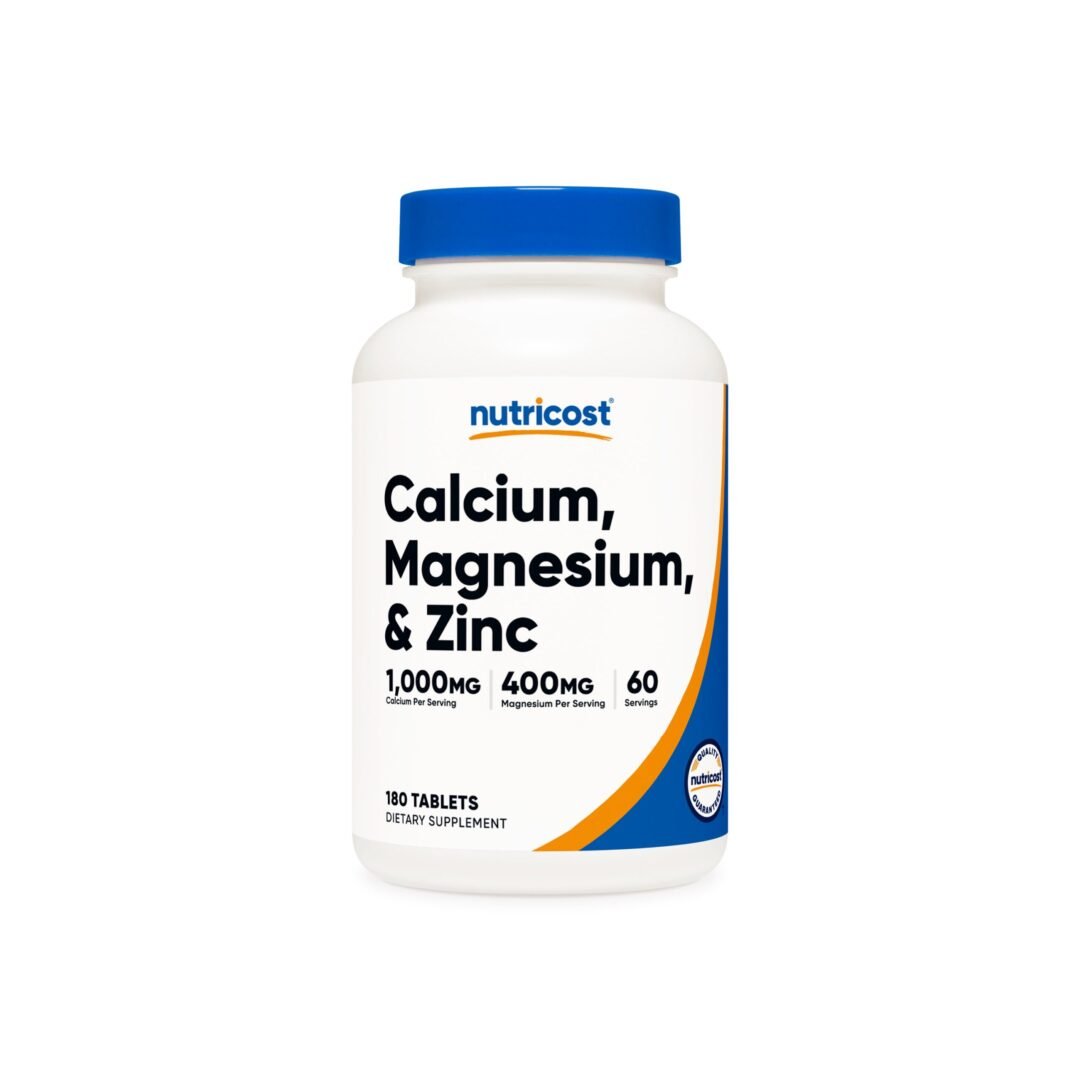 Envase frontal de Calcio Magnesio Zinc Nutricost para salud ósea y energía | Alimentos Sostenibles