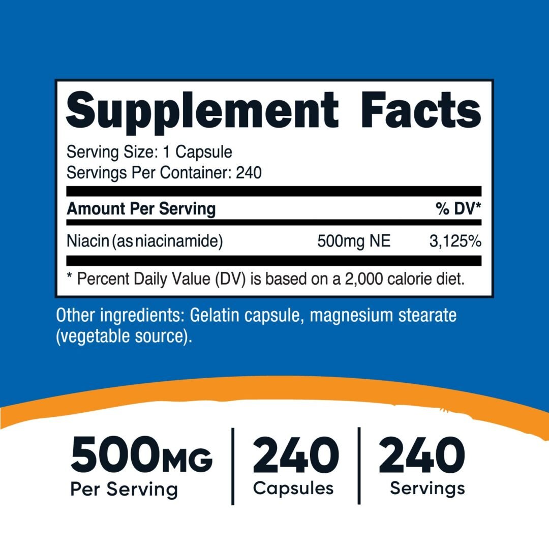 Información Nutricional y beneficios de Niacinamida Nutricost para la salud | Alimentos Sostenibles