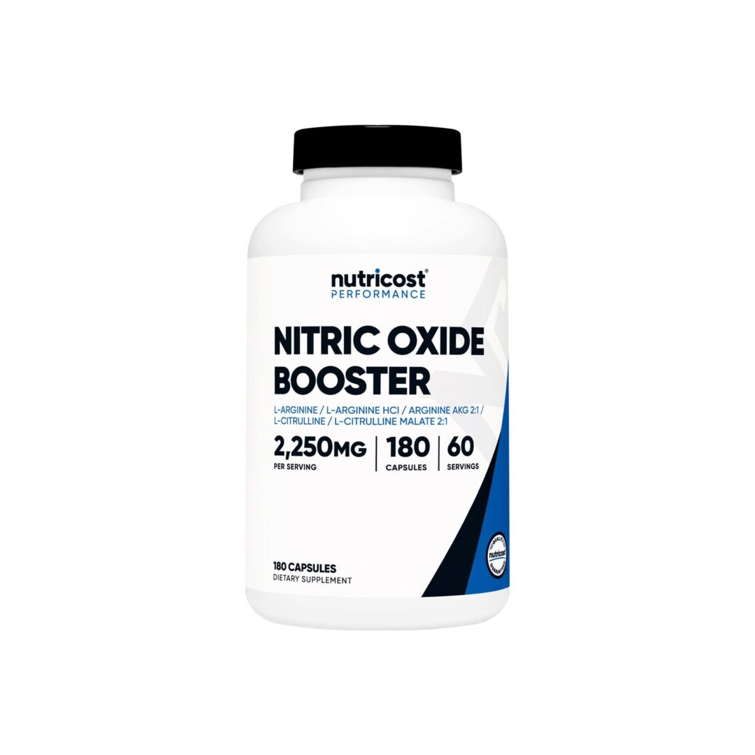 Envase frontal de Óxido Nítrico Nutricost 2250mg 180 cápsulas - Pre-entreno para rendimiento y flujo sanguíneo | Alimentos Sostenibles